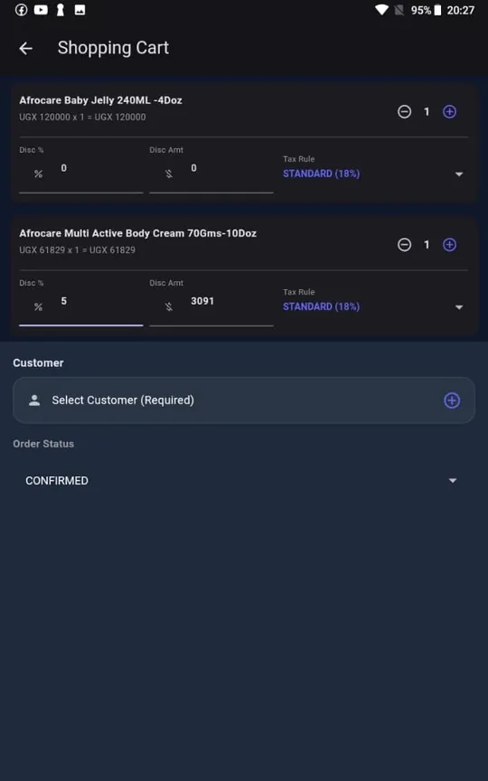 Weafbooks Route Sales app: Build the order. Line discounts and the right tax rule applied while the customer watches.