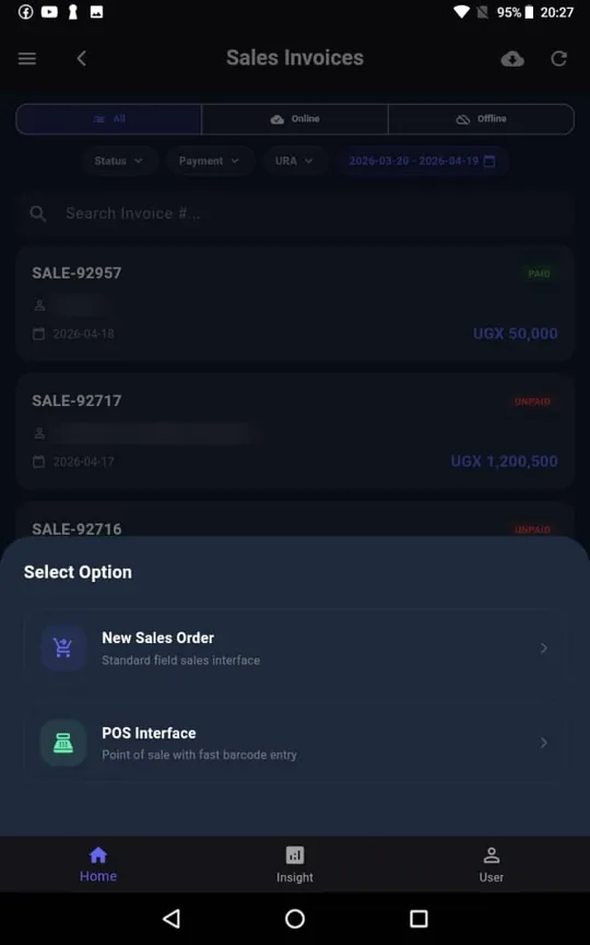 Weafbooks Route Sales app: Every invoice. Filtered by whether it has reached the server yet - online, offline, or both.